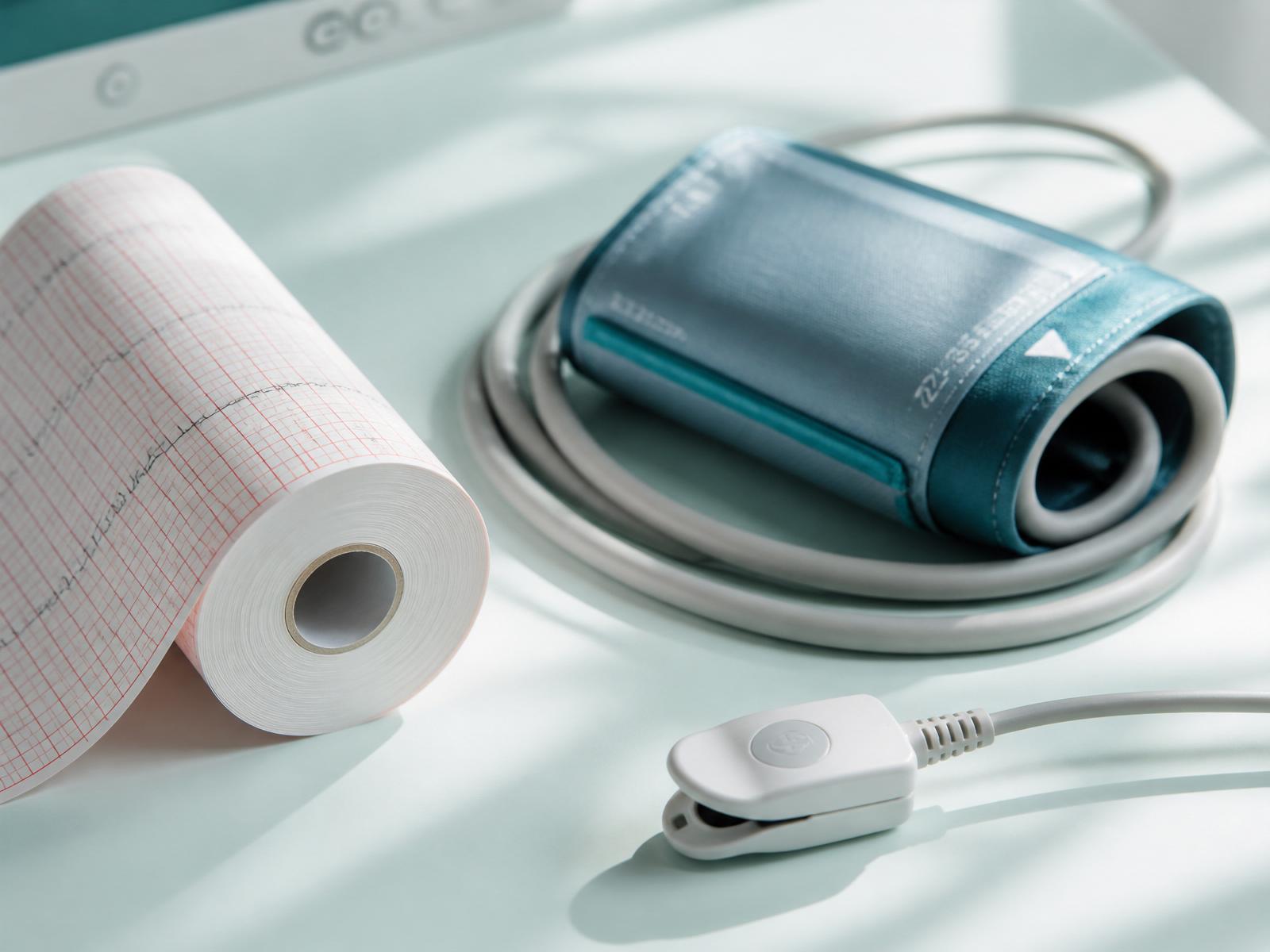 CTG paper roll, blood pressure cuff and SpO2 sensor arranged on a soft teal surface